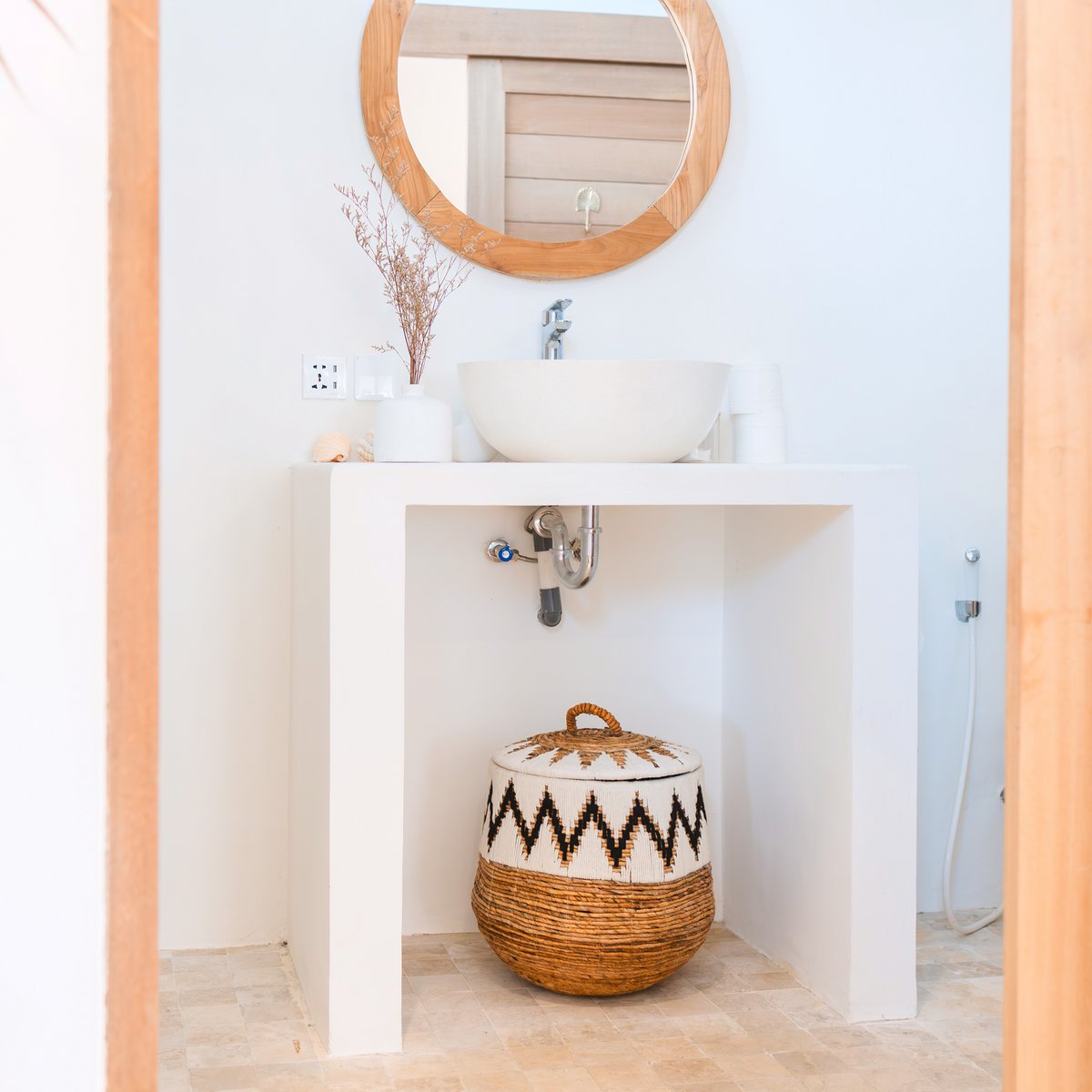 Wasmand met deksel – Boho Wasmand Rond – Grote Boho Mand – Geweven Mand met Katoenpatroon PALEM (3 maten Ø33/43/55cm)