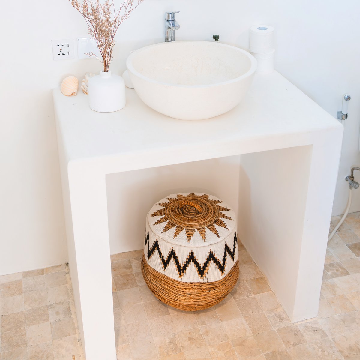 Wasmand met deksel – Boho Wasmand Rond – Grote Boho Mand – Geweven Mand met Katoenpatroon PALEM (3 maten Ø33/43/55cm)