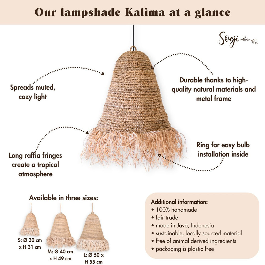 Raffia Boho Lampshade – Hanging Lamp – Pendant Lamp – Handwoven Ceiling Lamp with Long Fringes (3 sizes Ø 30/40/50 cm) KALIMA
