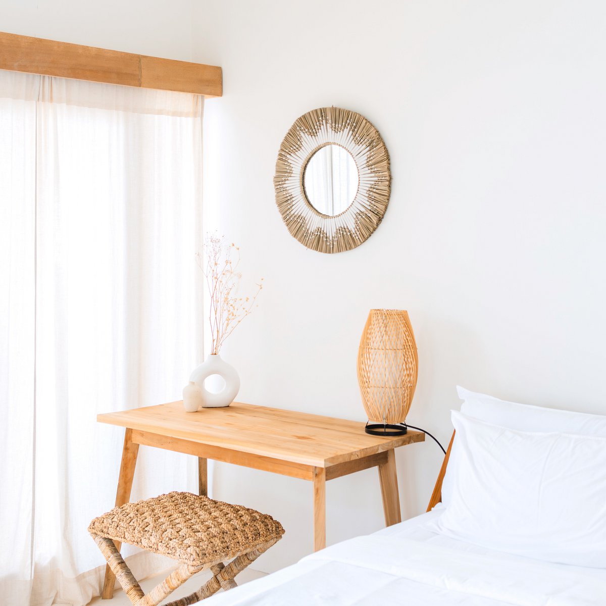 Ronde wandspiegel van zeegras – Boho hangspiegel – wandspiegel met franjes en patroon van wit katoen (Ø 60 cm) RANDU