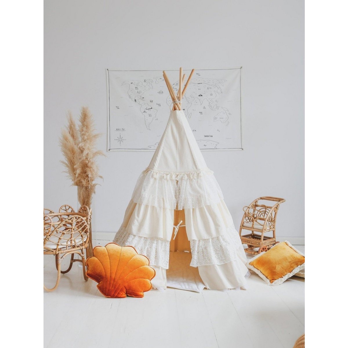 Set "Shabby Chic" Tipi met ruches en bladmatten "White".