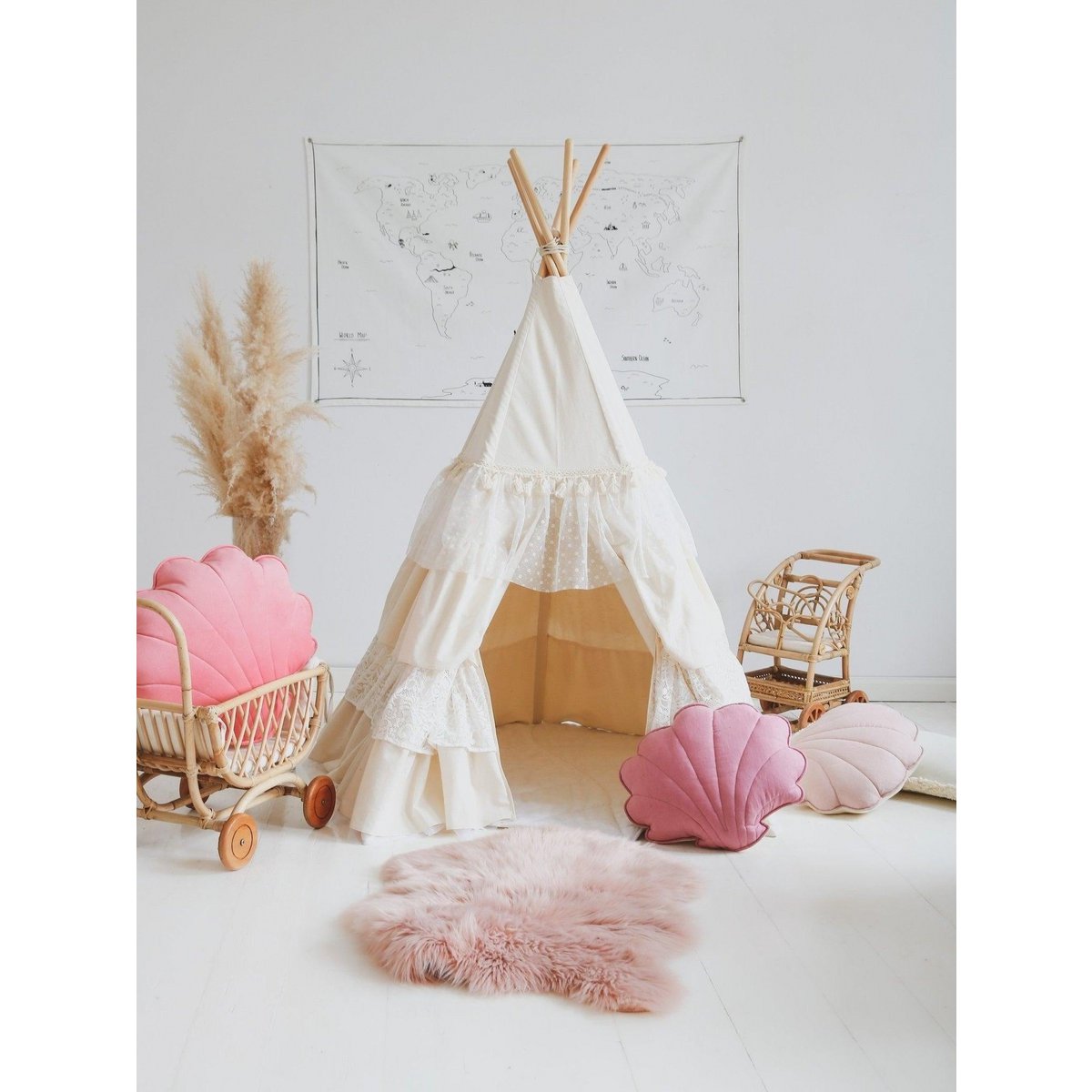 Set "Shabby Chic" Tipi met ruches en bladmatten "White".